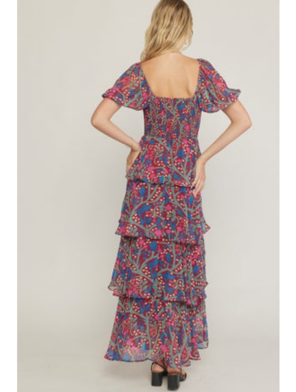 Entro Floral Tiered Maxi Dress L Puff Sleeve Smocked Cottagecore Boho - Picture 13 of 16